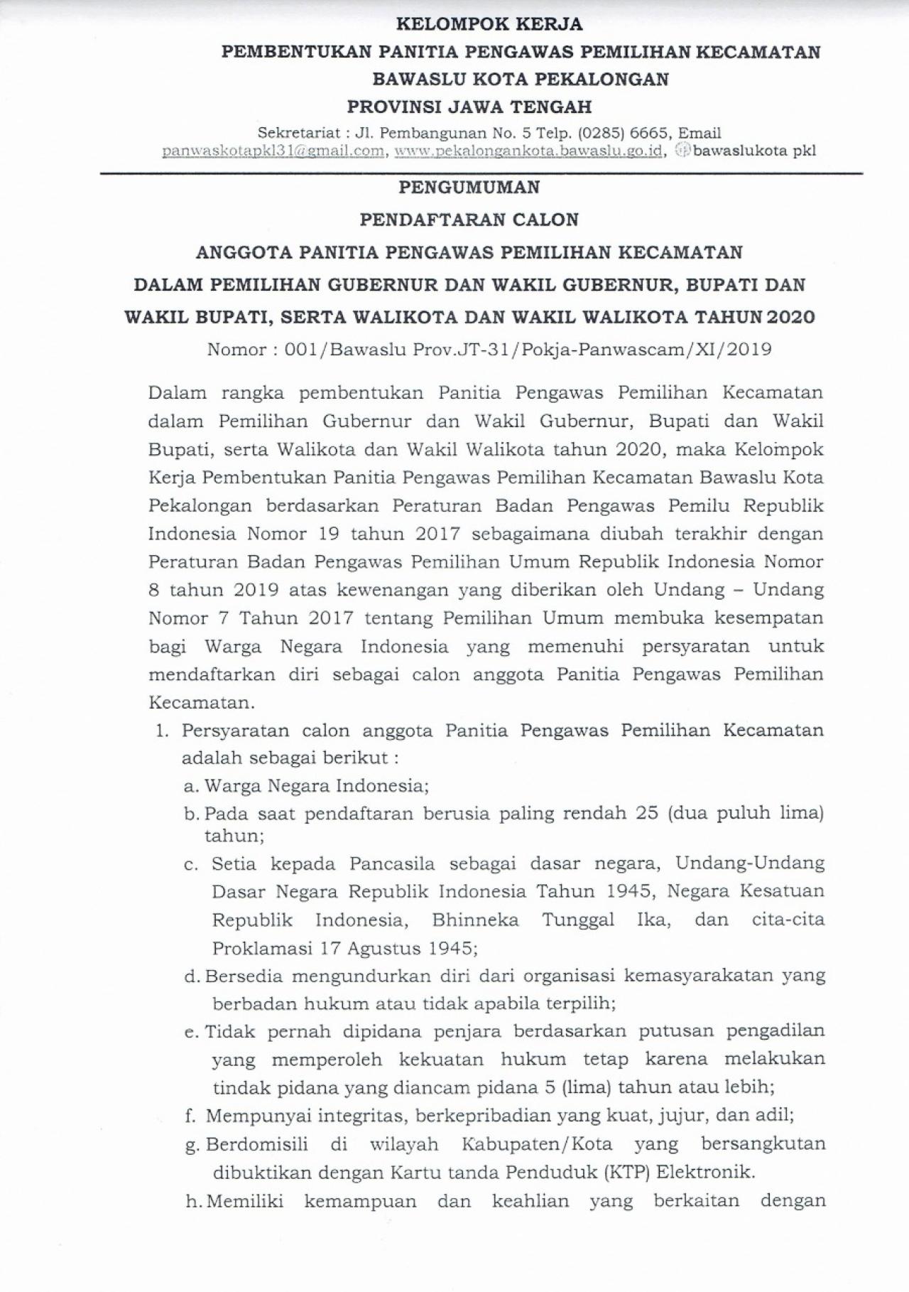 PENGUMUMAN RESMI PANITIA PENGAWAS PEMILIHAN KECAMATAN TAHUN 2019 UNTUK PEMILIHAN WALIKOTA DAN WAKIL WALIKOTA PEKALONGAN TAHUN 2020