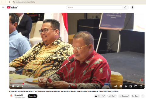 berlangsungnya Live Streaming Penandatanganan Nota Kesepahaman Bawaslu RI – PUSAKO dan FGD Nasional Penguatan Penegakan Hukum Pemilu